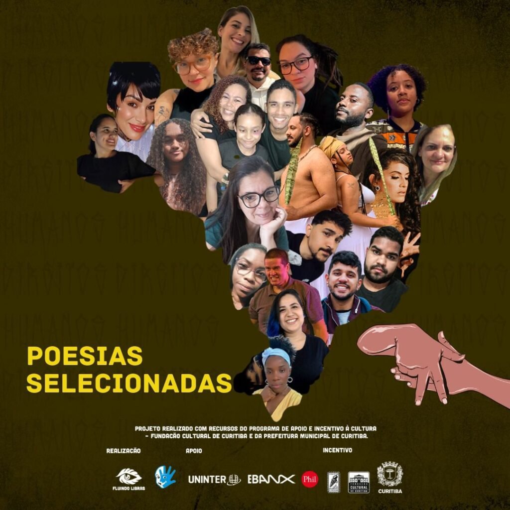 Card do evento com o título Poesias Selecionadas Sobre fundo preto o mapa do Brasil preenchido com um mosaico de fotos de pessoas.