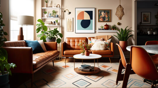 living room Mid Century style with warm colors. Ai generative