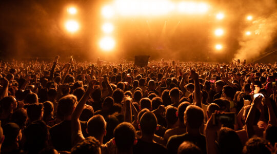 Rear view of audience on music festival at night.