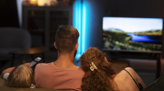 familia-de-vista-traseira-assistindo-tv