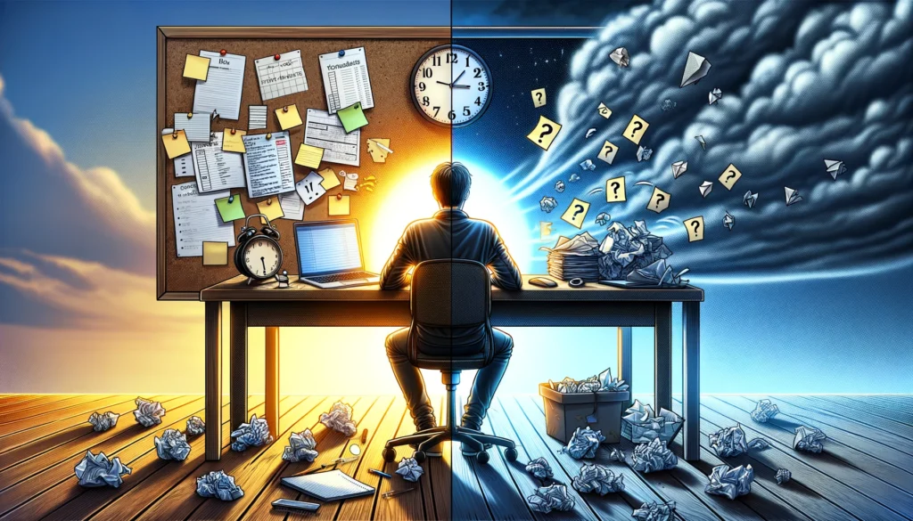 DALL·E 2024-03-22 11.42.09 – A digital illustration in landscape format, showing a person sitting at a wide desk, visibly divided in two halves. The left side of the person and th