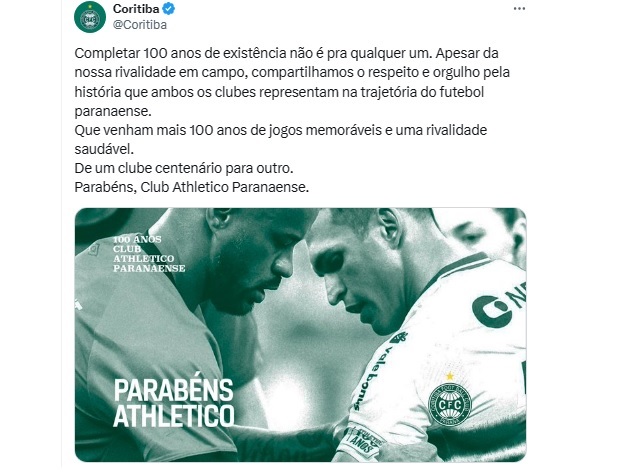 Coritiba parabeniza o Athletico