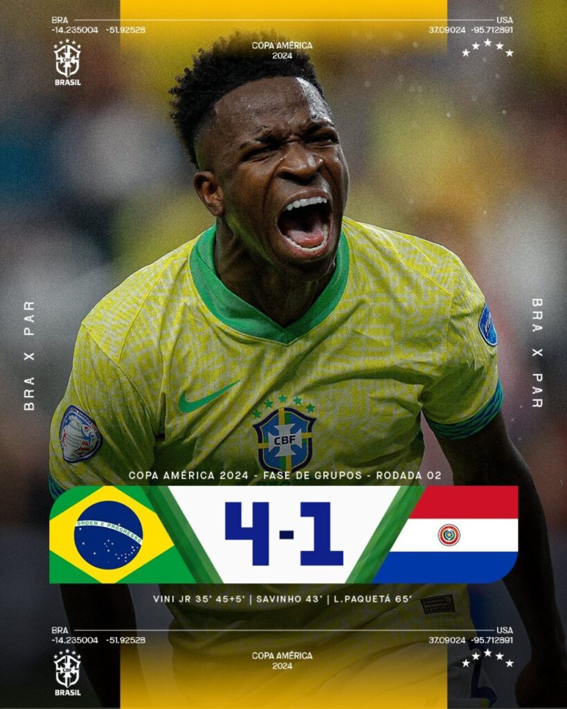 Vini Jr comemora em Brasil 4x1 Paraguai