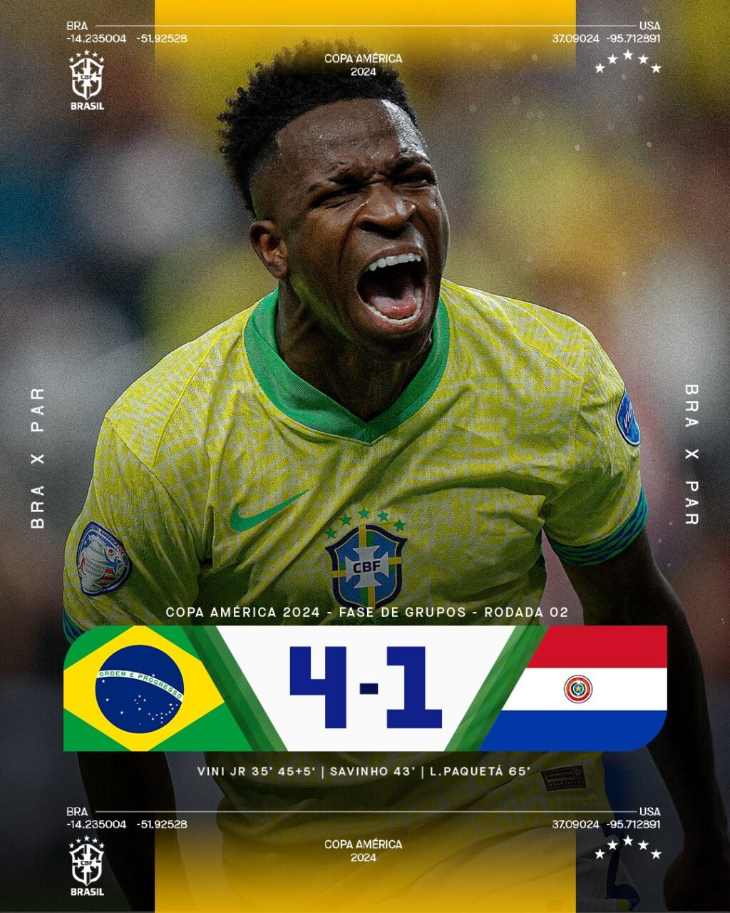 Vini Jr comemora em Brasil 4x1 Paraguai