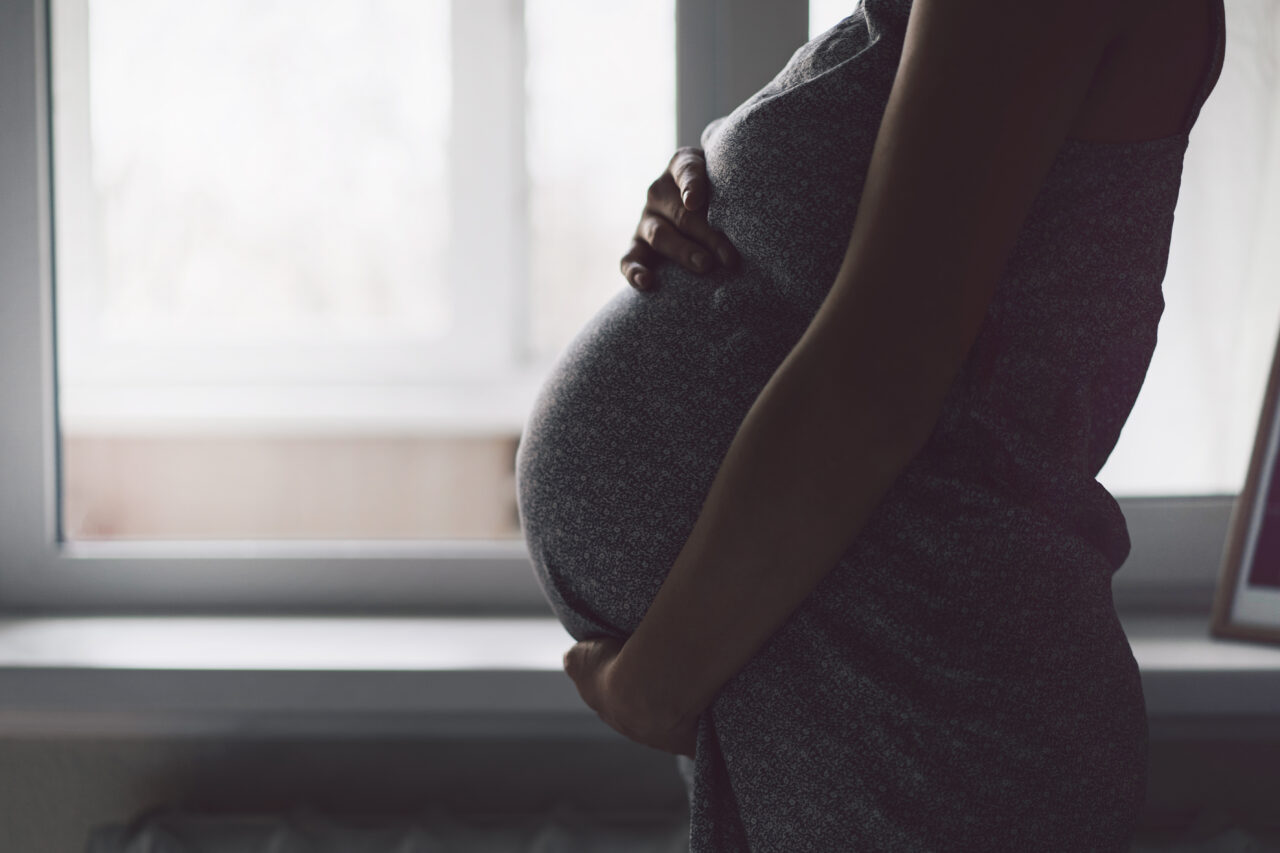 Happy Attractive pregnant woman standing near the window and holding her belly.