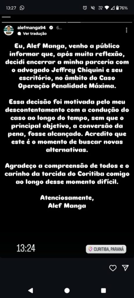 Comunicado de Alef Manga no Instagram