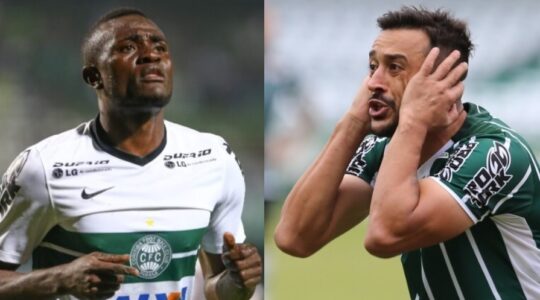 Robinho e o camaronês Joel, do Paysandu x Coritiba