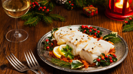 Christmas,Fish.,Roasted,Cod,Pieces,,Served,In,Vegetable,Sauce.,Xmas