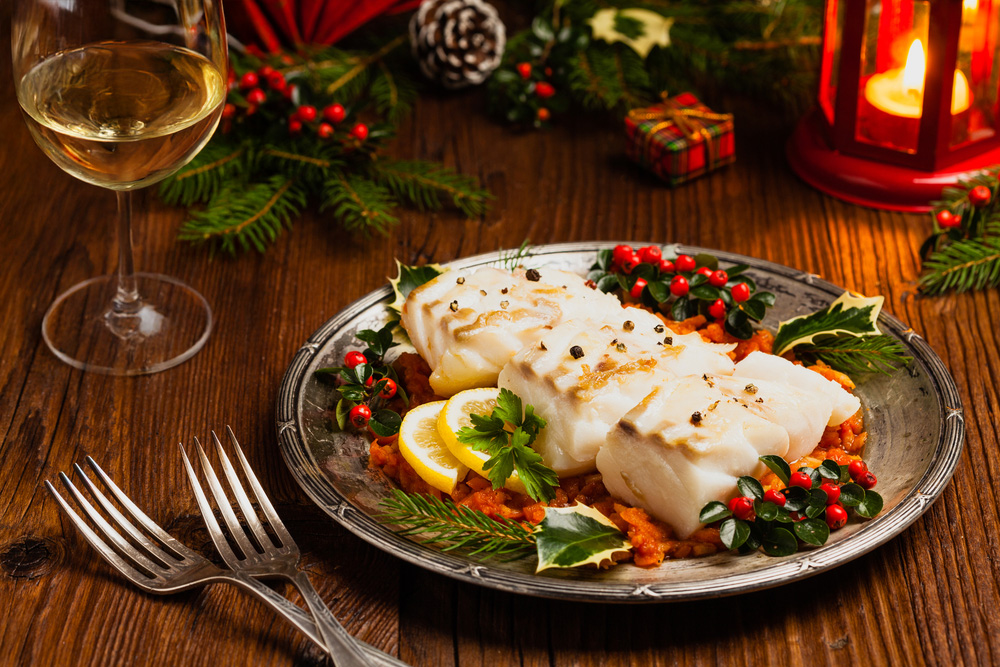 Christmas,Fish.,Roasted,Cod,Pieces,,Served,In,Vegetable,Sauce.,Xmas