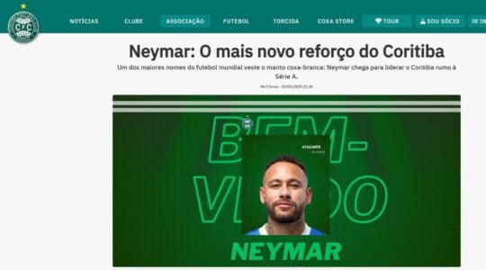 Neymar: postagem falsa feita por hacker no site oficial do Coritiba