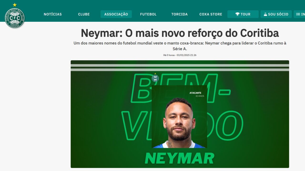 Neymar: postagem falsa feita por hacker no site oficial do Coritiba