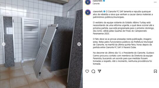 Cianorte publica fotos dos danos no vestiário do Estádio Albino Turbay