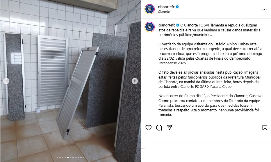 Cianorte publica fotos dos danos no vestiário do Estádio Albino Turbay
