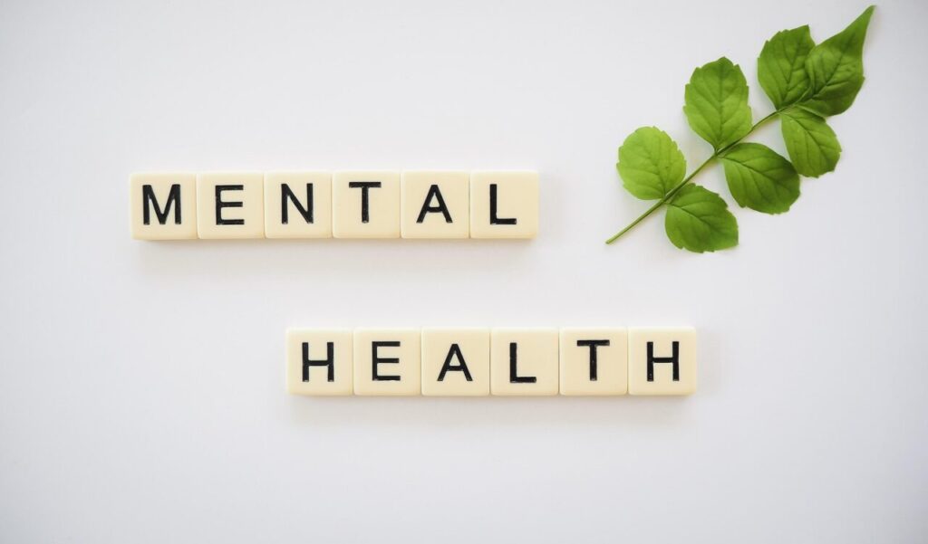 Imagem com fundo branco, jogo de palavras em inglês que significam saúde mental