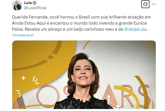 Lula parabeniza Fernanda Torres