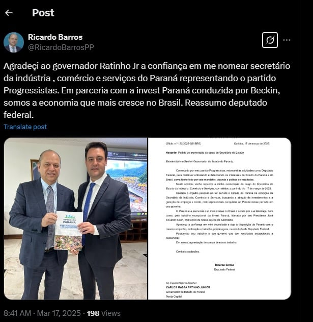 ricardo barros exoneração ratinho