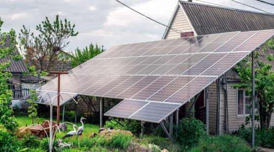 Solar system, solar panels near the house.