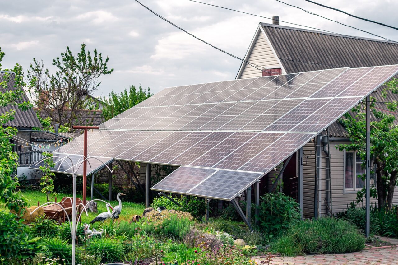 Solar system, solar panels near the house.