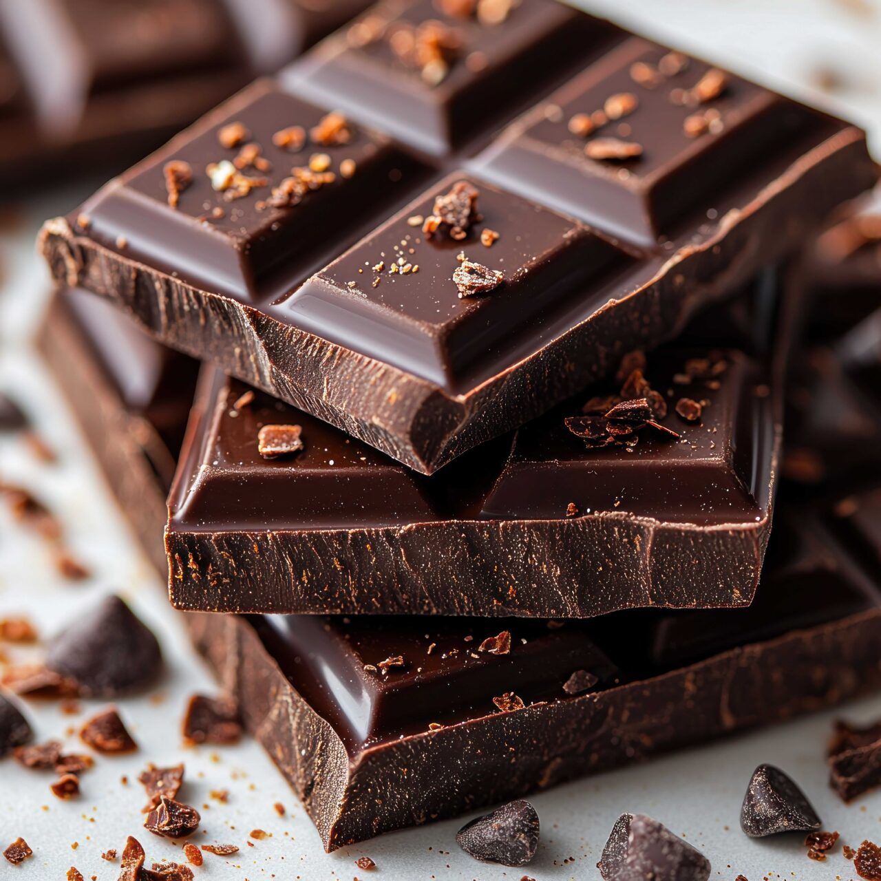 Dark chocolate bars stacked on marble with cocoa nibs