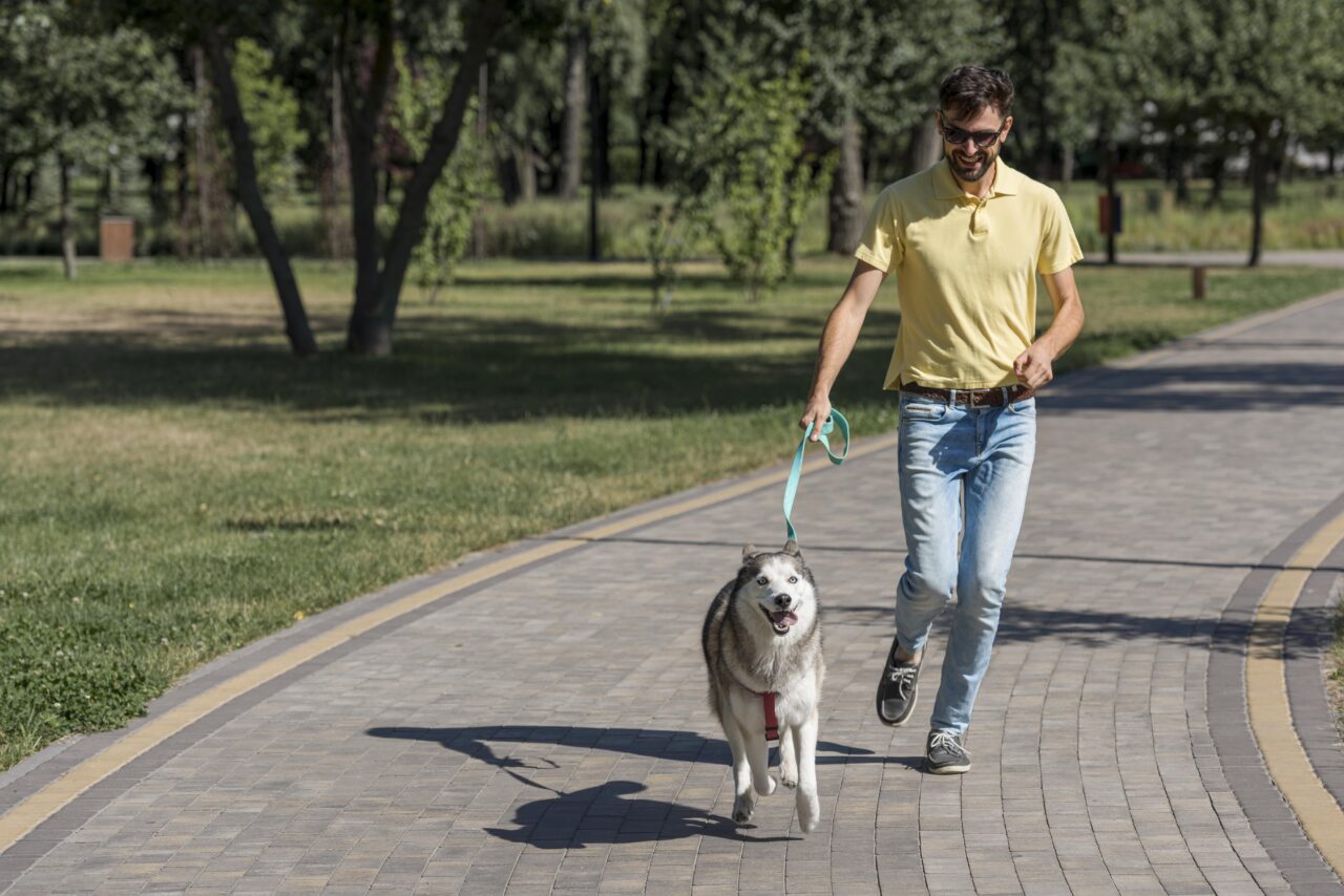 father-walking-dog-park