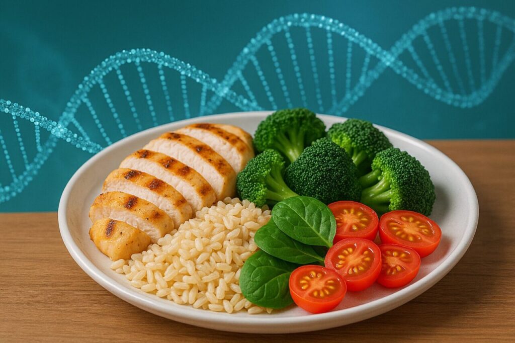 Prato com alimentos em cima da mesa, ao fundo uma cadeia genética ilustrativa