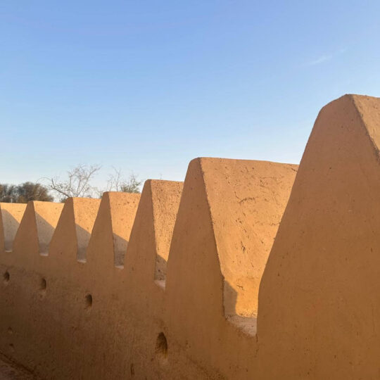 Detalhes da construção com barro e coral do Forte Al-Jahili