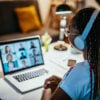 Group of unrecognisable international students having online meeting