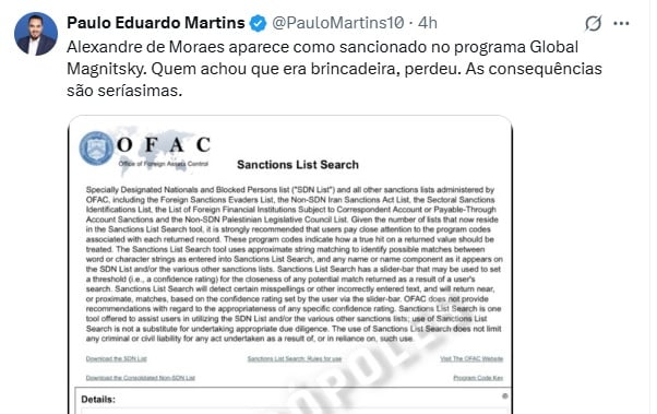 lei magnitsky alexandre de moraes políticos paulo martins X