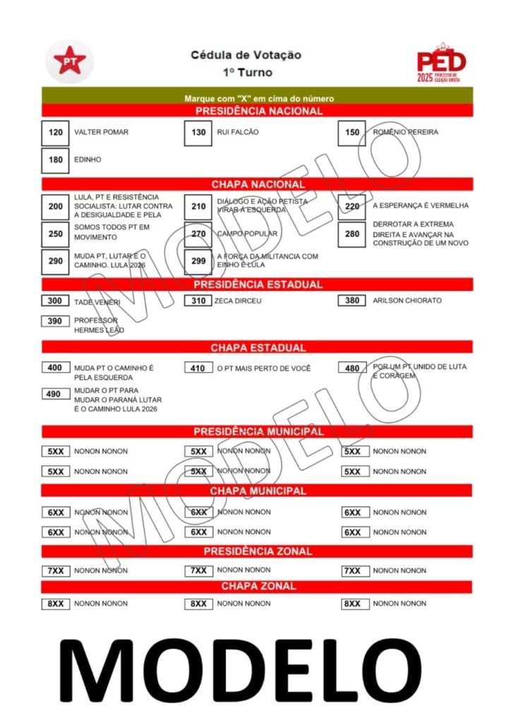 modelo cédula eleição PT estadual