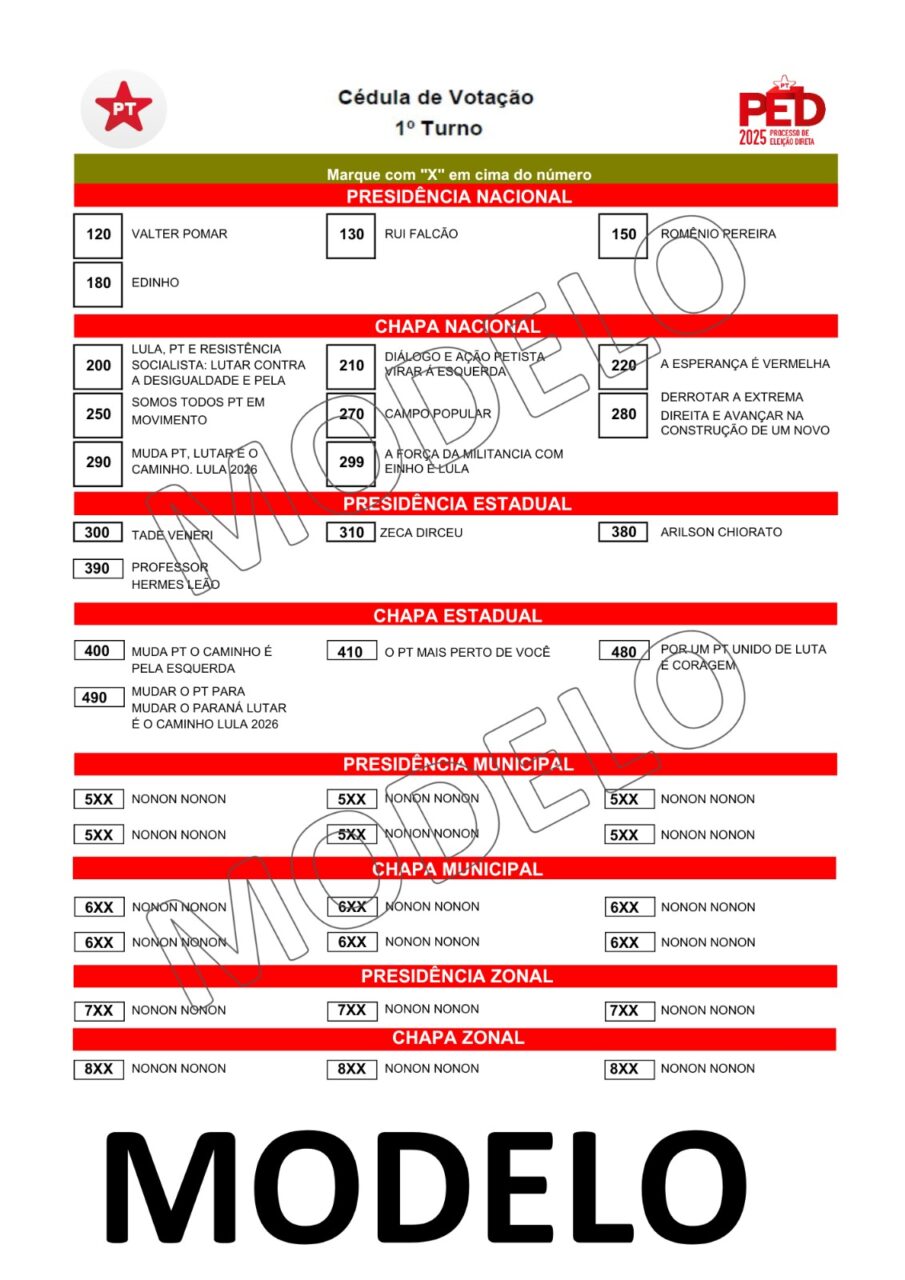 modelo cédula eleição PT estadual