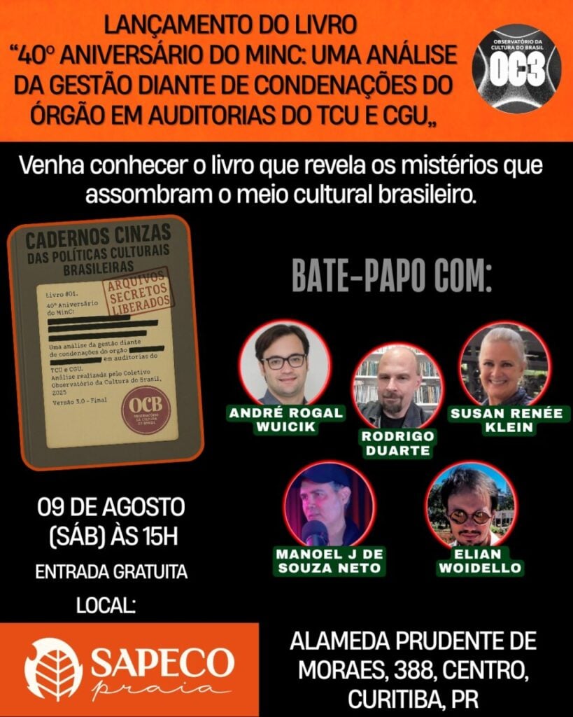 Observatório da Cultura do Brasil lança livro sobre os 40 anos do MinC neste sábado no Sapeco Praia