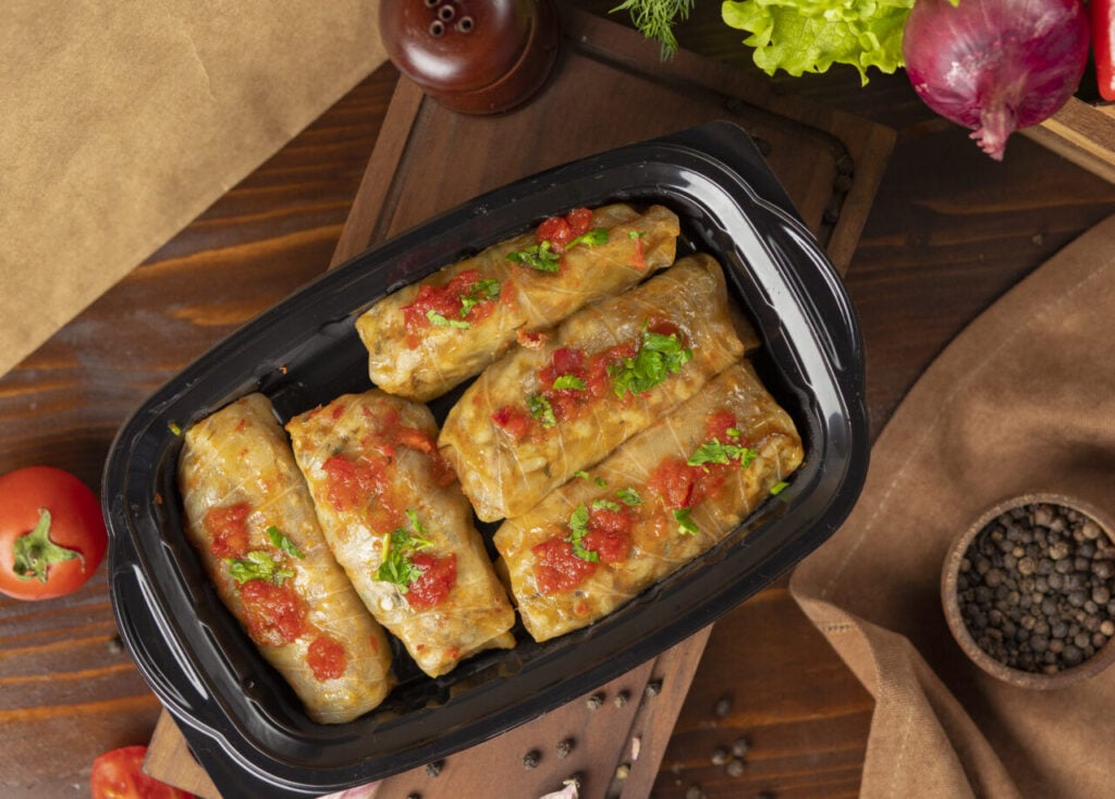 Kelem dolmasi, cabbage leaves stuffed with meat takeaway.