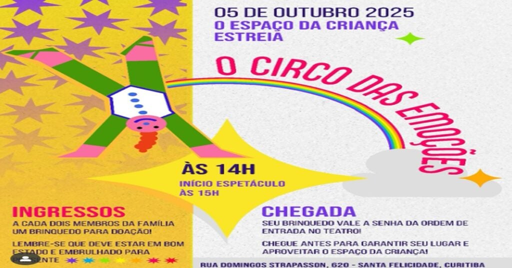 Cartaz do espetáculo infantil “O Circo das Emoções” em Curitiba, 5 de outubro de 2025, no Espaço da Criança.