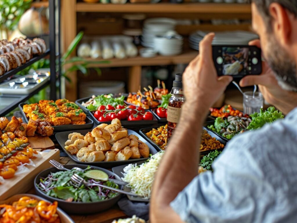criador-de-conteudo-alimentar-filmando-uma-variedade-de-pratos-para-carregar-na-internet