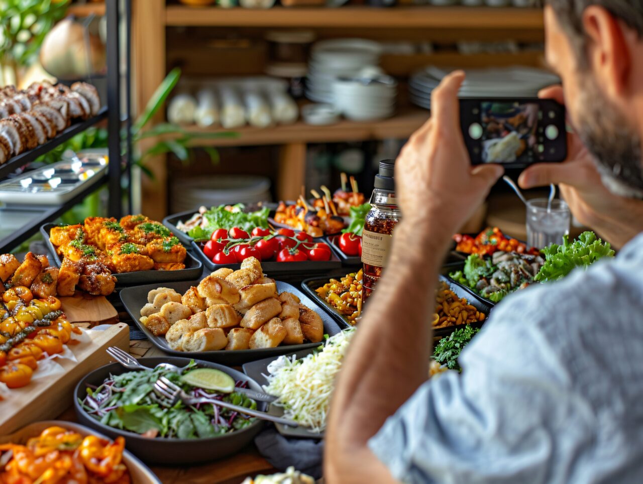 criador-de-conteudo-alimentar-filmando-uma-variedade-de-pratos-para-carregar-na-internet