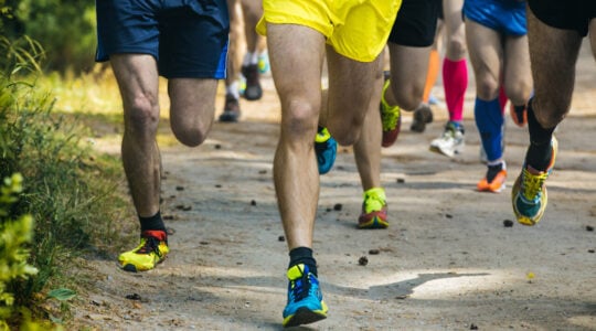 legs running athletes on a forest trail
