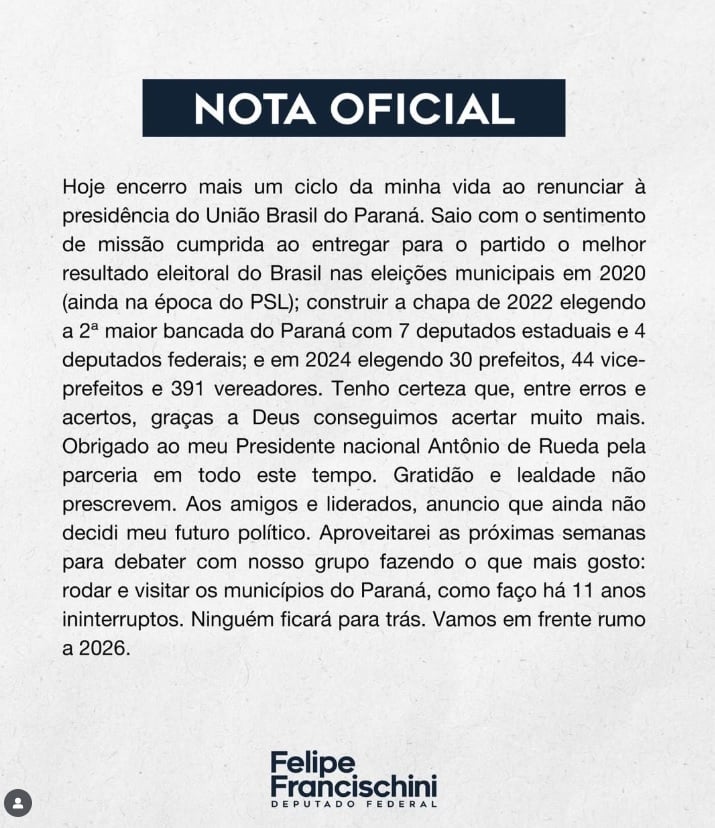 nota felipe francischini moro assume união brasil