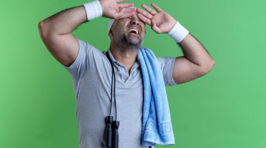 mature sporty man in headband with towel around his neck covering eyes with hands with annoyed expression standing over green background