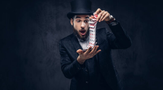 Magician showing trick with playing cards.