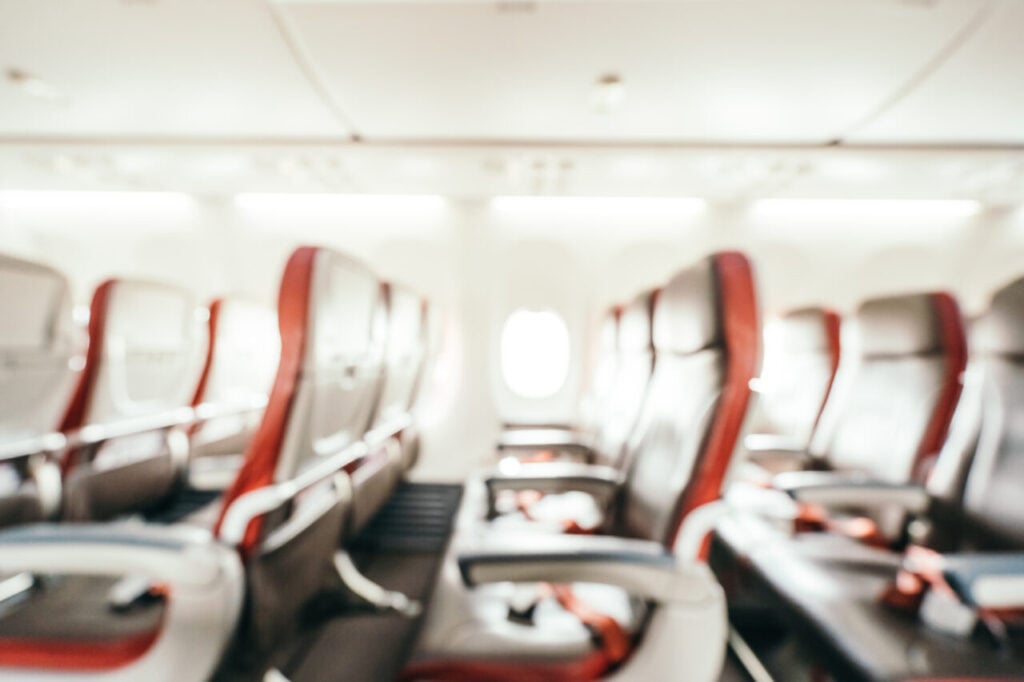 Abstract blur and defocused passenger seat interior of airplane